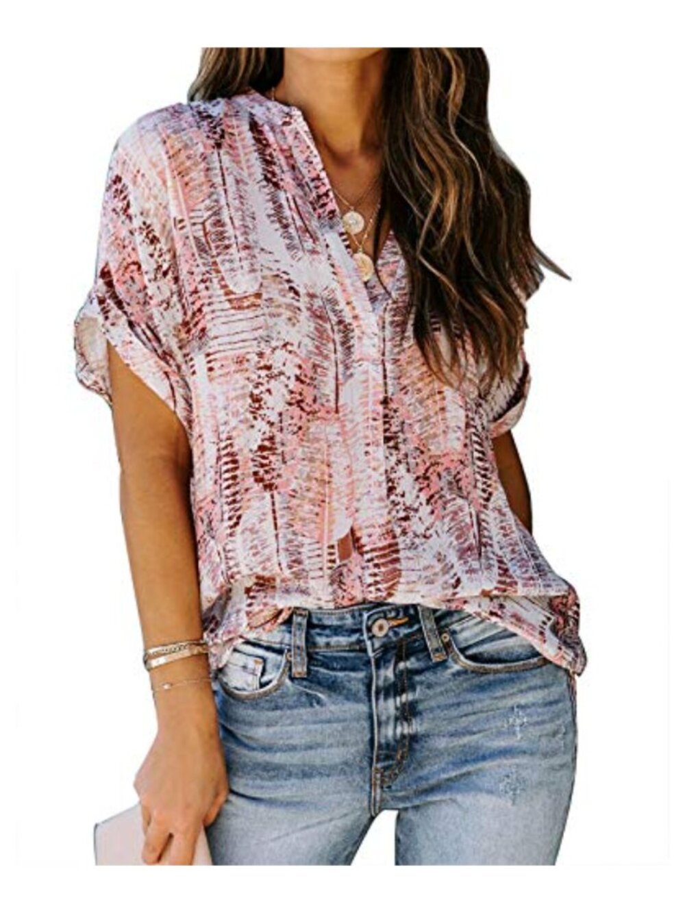 Chiffon Short Sleeve V Neck Blouse Loose Tunic Top